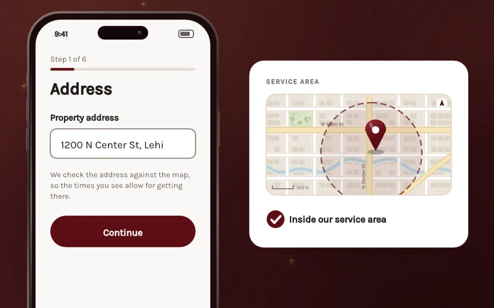 Drawing: on a phone, the address 1200 N Center St is typed and chosen from the suggestions, and beside it a map marks it inside the service area.